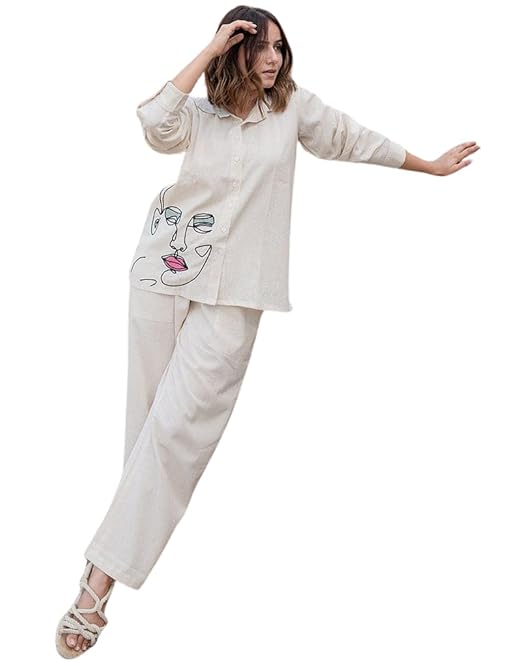 Women's Cotton Embroidery Co-Ord Set | Casual Wear Pant Top Set | Fancy Co-Ord Set (White-XL)
